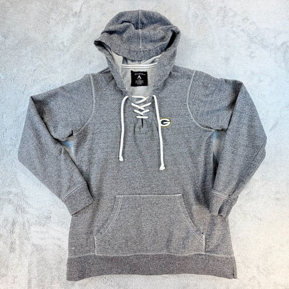 Antigua Packers Hoodie Women's L Lace Up NFL Green Bay Logo 100% Cotton Gray